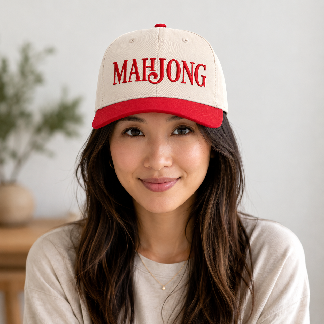 Mahjong Embroidered Khaki and Red Hat