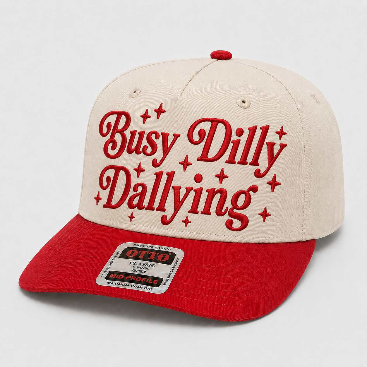 Busy Dilly Dallying Embroidered Khaki and Red Hat