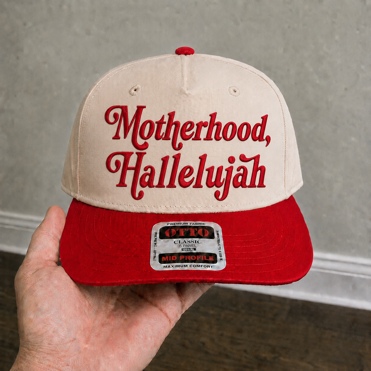 Motherhood Hallelujah Embroidered Khaki and Red Hat