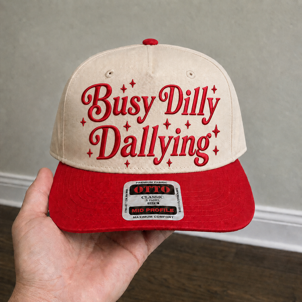 Busy Dilly Dallying Embroidered Khaki and Red Hat